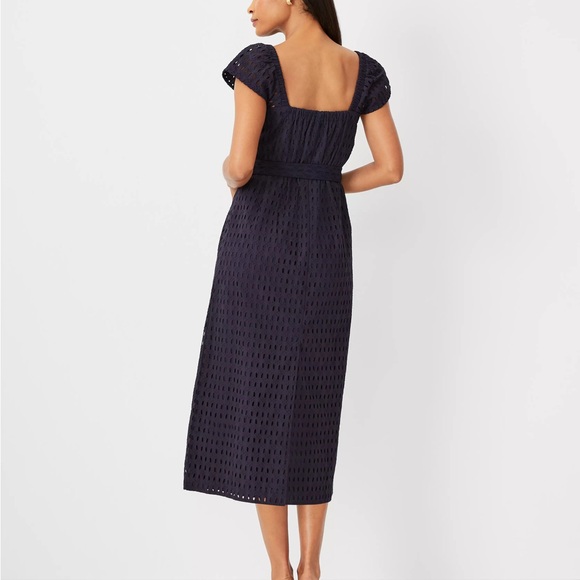 Ann Taylor- Eyelet Square Neck Puff Sleeve Midi Dress - Picture 2 of 7